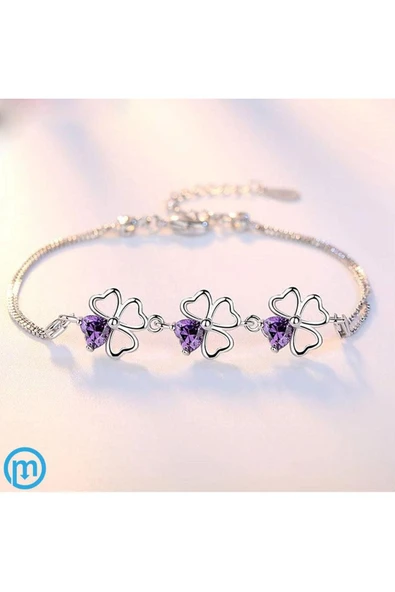 925 Ayar Gümüş Yonca Figürlü Kalpli Mor Taşlı Kadın Bileklik Sevgililer Günü Sevgiliye Hediyelik - Resim 3