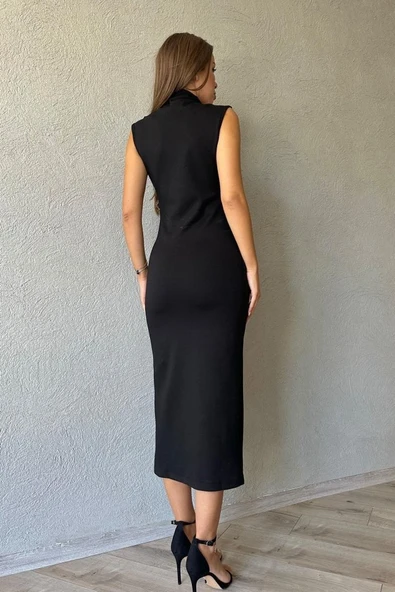 Siyah Boydan Fermuarlı Sıfır Kol Elbise - Resim 4