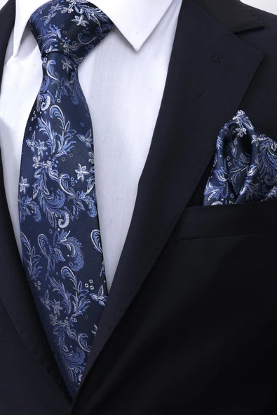 Esgue Hand Made 7.5 cm Yaprak Desenli Lacivert Gri Mendilli Kravat - 2