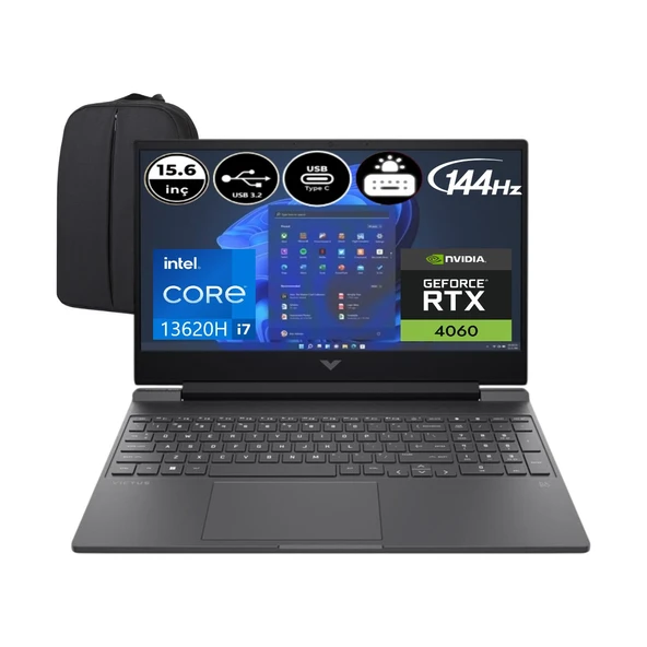 Hp Victus 15-FA2000NT-EP6 13. Nesil Intel Core I7 13620H 32 GB Ram 512 GB SSD RTX4060 144Hz 15.6" Windows 11 Home + Elektropasaj Çanta