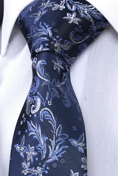 Esgue Hand Made 7.5 cm Yaprak Desenli Lacivert Gri Mendilli Kravat - 4