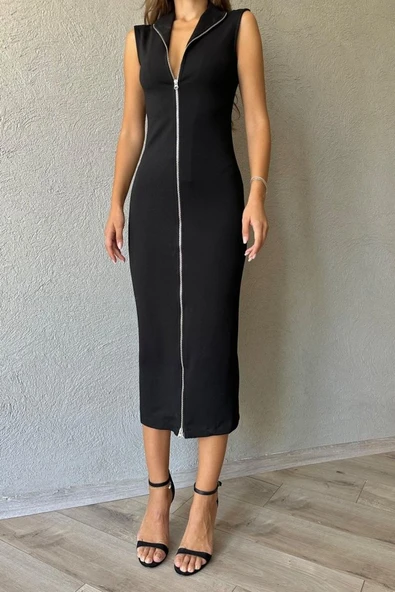 Siyah Boydan Fermuarlı Sıfır Kol Elbise - Resim 3