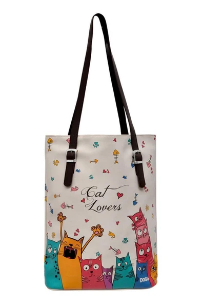 Kadın Vegan Deri Bej Omuz Çantası - Cat Lovers Tasarım - 1