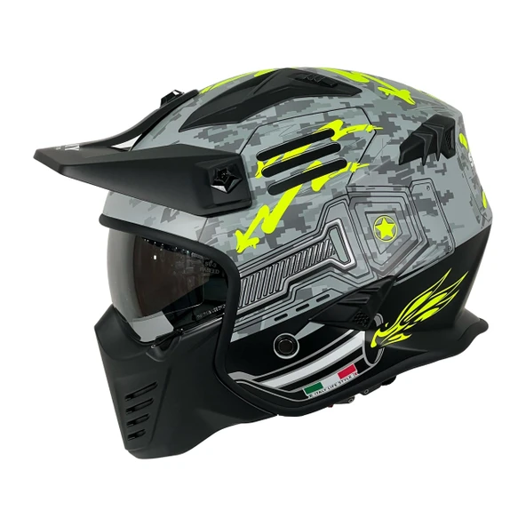 Sway X2 Tokyo Trooper Modüler Full Face Çene Sökülebilen Motosiklet Kaskı 2XL Beden Gri Sarı - Resim 2