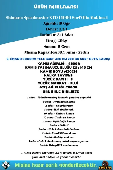 Shimano Sonora AX 420cm 200gr Shimano Speed Master14000 XTD Profesyonel Surf Olta Seti - Resim 2