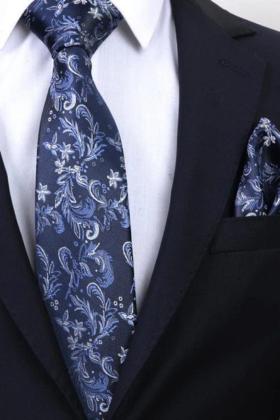 Esgue Hand Made 7.5 cm Yaprak Desenli Lacivert Gri Mendilli Kravat - 3