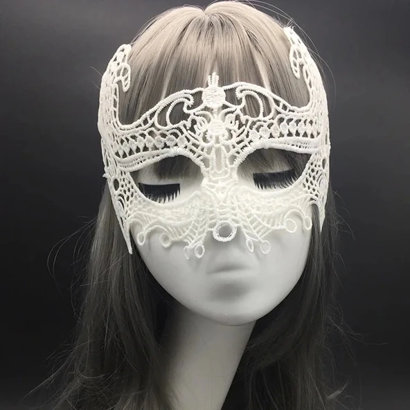 Beyaz Renk Dantel Kesim Dantel İşlemeli Balo Parti Maskesi 1 No - Resim 4