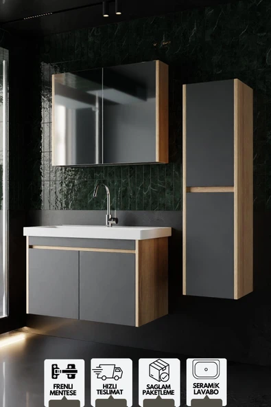 Karen Banyo Dallas 80 Cm Lavabolu Aynalı Banyo Dolabı Lavabo Dahil Boy Dolabı Dahil S.meşe-Antrasit - 1