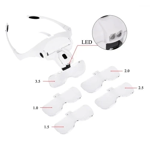 5 Lens 1.0x3.5x, 2led Işıklı  Ile Ayarlanabilir Gözlük Büyüteç9892b2 - 3