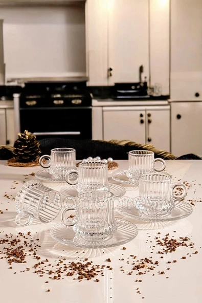 Tilbe Home 12 Parça Cam Kahve Fincan Seti Çizgili Desen Nescafe Fincanı Cam Tabaklı Çay Takımı 125cc - Resim 3