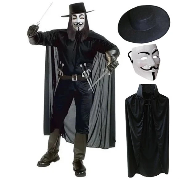 V For Vendetta Maskesi Şapkası Ve Pelerin Kostüm Seti Yetişkin Boy - 1