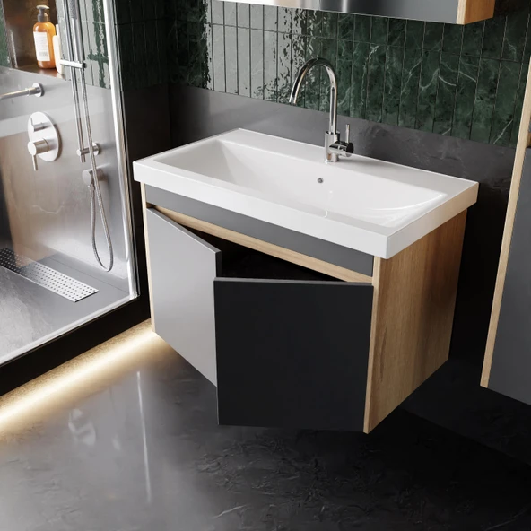 Karen Banyo Dallas 80 Cm Lavabolu Aynalı Banyo Dolabı Lavabo Dahil Boy Dolabı Dahil S.meşe-Antrasit - 2