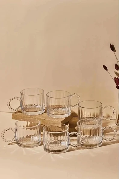 Tilbe Home 6’lı Boncuk Kulplu Cam Kupa Bardak Takımı Retro Espresso Çay Kahve Meşrubat Bardağı Seti 100ml - Resim 2
