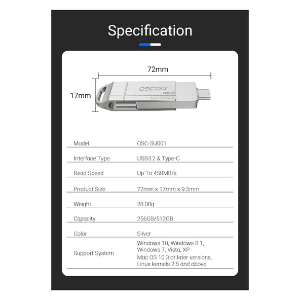 Oscoo SU001 1TB 5GBPS (550/520MB/s) Usb3.2 Gen1 Type-A & Type-C Taşınabilir SSD - 8