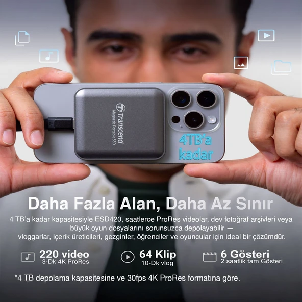 Transcend TS2TESD420C 2TB, USB,Type C, 20Gbps, 2000MB/s Magsafe Taşınabilir Harici SSD - Gri - 7