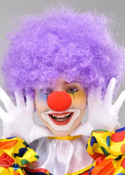 Mor Renk Kıvırcık Afro Bonus Peruk Takma Saç Ve Kırmızı Burun Seti - 2