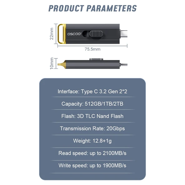 Oscoo D8 512GB 20GBPS Usb3.2 Gen2*2, Type C Taşınabilir SSD - 6