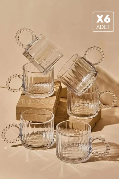 Tilbe Home 6’lı Boncuk Kulplu Cam Kupa Bardak Takımı Retro Espresso Çay Kahve Meşrubat Bardağı Seti 100ml ürün görseli