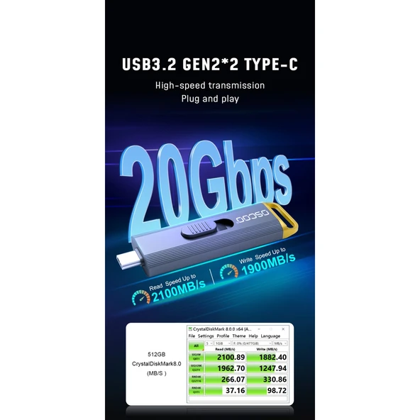 Oscoo D8 512GB 20GBPS Usb3.2 Gen2*2, Type C Taşınabilir SSD - 4