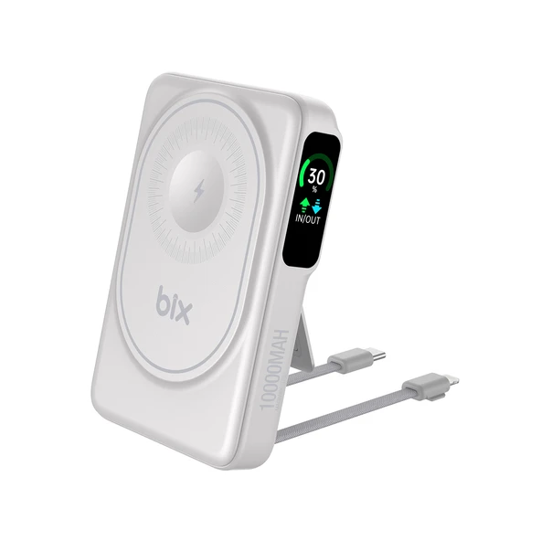 Bix TPB16 10000 mAh Hızlı Şarj MagSafe 6 sı 1 Arada OLED Ekranlı Kablosuz Powerbank Beyaz ürün görseli