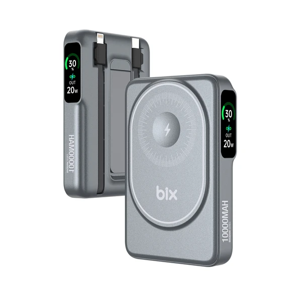 Bix TPB16 10000 mAh Hızlı Şarj MagSafe 6 sı 1 Arada OLED Ekranlı Kablosuz Powerbank Gri - Resim 2