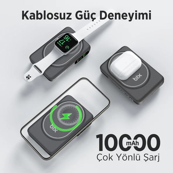 Bix TPB16 10000 mAh Hızlı Şarj MagSafe 6 sı 1 Arada OLED Ekranlı Kablosuz Powerbank Siyah - Resim 4