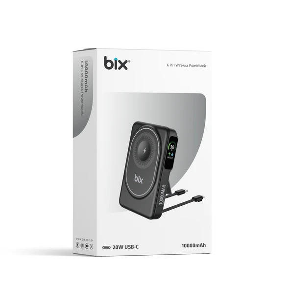 Bix TPB16 10000 mAh Hızlı Şarj MagSafe 6 sı 1 Arada OLED Ekranlı Kablosuz Powerbank Siyah - Resim 8
