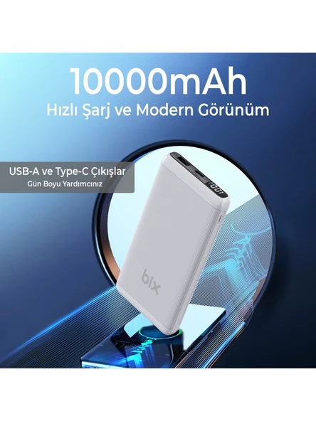Bix BXPB107 10000mAh 20W PD Type-C ve USB-A QC 22.5W Çift Çıkışlı LED Ekranlı Hızlı Şarj Powerbank Beyaz - Resim 7