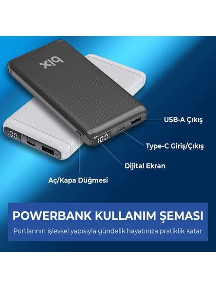Bix PB204 20000mAh USB-A 22.5W ve Type-C PD 20W Çift Çıkışlı LED Ekranlı Powerbank Siyah - Resim 5