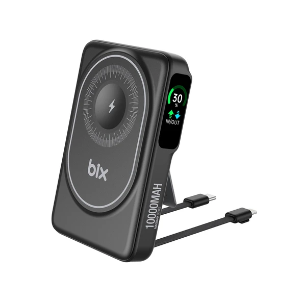 Bix TPB16 10000 mAh Hızlı Şarj MagSafe 6 sı 1 Arada OLED Ekranlı Kablosuz Powerbank Siyah ürün görseli 1