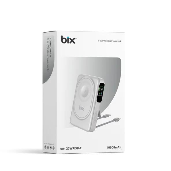 Bix TPB16 10000 mAh Hızlı Şarj MagSafe 6 sı 1 Arada OLED Ekranlı Kablosuz Powerbank Beyaz - Resim 6