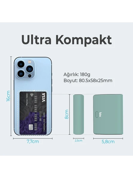 Bix PB106 10000mAh PD20W Type-C USB-A SCP 22.5W Çift Çıkışlı LED Göstergeli Kauçuk Kaplama Cep Boy Mini Powerbank Yeşil - Resim 2