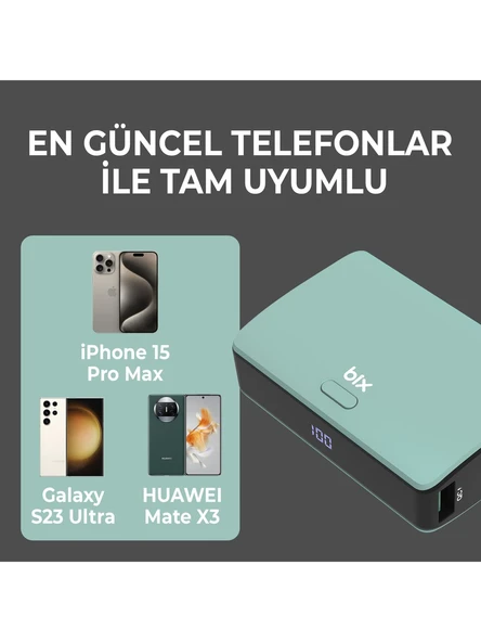 Bix PB106 10000mAh PD20W Type-C USB-A SCP 22.5W Çift Çıkışlı LED Göstergeli Kauçuk Kaplama Cep Boy Mini Powerbank Yeşil - Resim 3