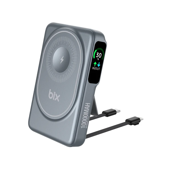 Bix TPB16 10000 mAh Hızlı Şarj MagSafe 6 sı 1 Arada OLED Ekranlı Kablosuz Powerbank Gri ürün görseli 1