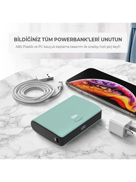 Bix PB106 10000mAh PD20W Type-C USB-A SCP 22.5W Çift Çıkışlı LED Göstergeli Kauçuk Kaplama Cep Boy Mini Powerbank Yeşil - Resim 4