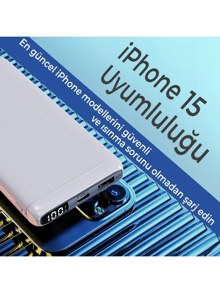 Bix BXPB107 10000mAh 20W PD Type-C ve USB-A QC 22.5W Çift Çıkışlı LED Ekranlı Hızlı Şarj Powerbank Beyaz - Resim 8