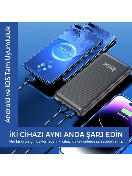 Bix PB204 20000mAh USB-A 22.5W ve Type-C PD 20W Çift Çıkışlı LED Ekranlı Powerbank Siyah - Resim 6