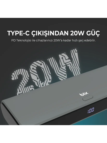 Bix PB203 20000mAh SCP 22.5W USB Çift Çıkışlı Dijital Ekranlı Portatif Powerbank Gri - Resim 8