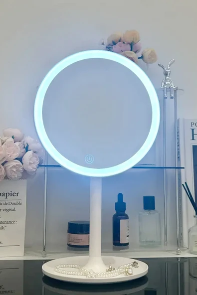 Tilbe Home LED Işıklı Dokunmatik USB Masaüstü Yuvarlak Makyaj Aynası 3 Renkli Işıklı Ayarlanabilir Still Ayna - Resim 5