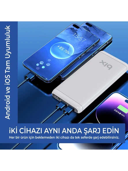 Bix BXPB107 10000mAh 20W PD Type-C ve USB-A QC 22.5W Çift Çıkışlı LED Ekranlı Hızlı Şarj Powerbank Beyaz - Resim 6