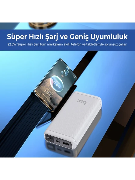 Bix PB204 20000mAh USB-A 22.5W ve Type-C PD 20W Çift Çıkışlı LED Ekranlı Powerbank Beyaz - Resim 6