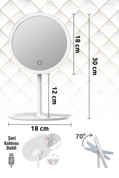 Tilbe Home LED Işıklı Dokunmatik USB Masaüstü Yuvarlak Makyaj Aynası 3 Renkli Işıklı Ayarlanabilir Still Ayna - Resim 3