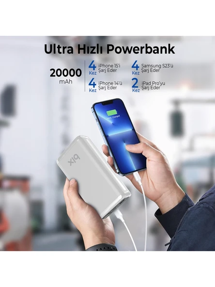 Bix PB204 20000mAh USB-A 22.5W ve Type-C PD 20W Çift Çıkışlı LED Ekranlı Powerbank Beyaz - Resim 4