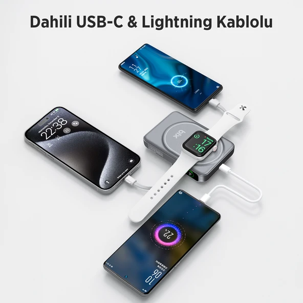 Bix TPB16 10000 mAh Hızlı Şarj MagSafe 6 sı 1 Arada OLED Ekranlı Kablosuz Powerbank Gri - Resim 6