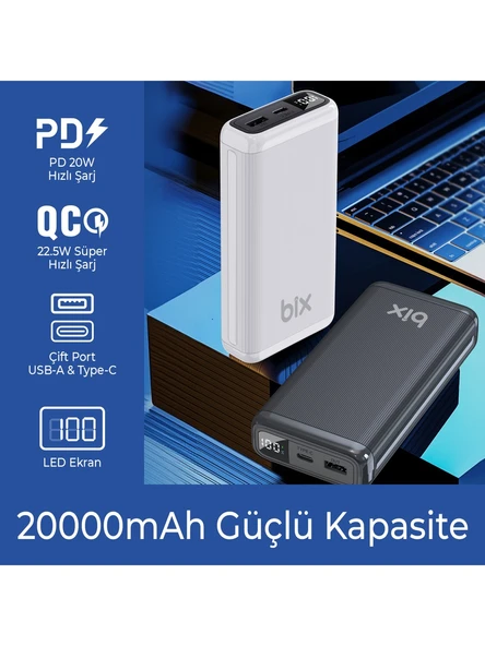 Bix PB204 20000mAh USB-A 22.5W ve Type-C PD 20W Çift Çıkışlı LED Ekranlı Powerbank Beyaz - Resim 7