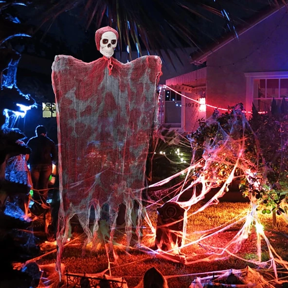 Led Işıklı Kahkaha Atan Sesli Sensörlü Ürpertici Kuru Kafa Kanlı Korku Hayalet Saçaklı Dekor 90x50 Cm - Resim 3