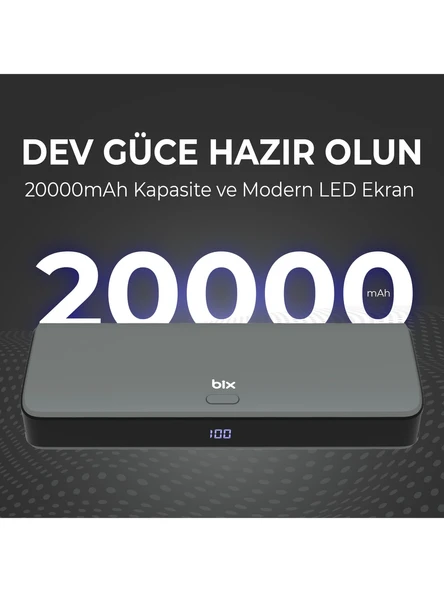 Bix PB203 20000mAh SCP 22.5W USB Çift Çıkışlı Dijital Ekranlı Portatif Powerbank Gri - Resim 7