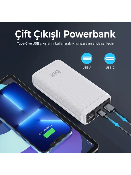 Bix PB204 20000mAh USB-A 22.5W ve Type-C PD 20W Çift Çıkışlı LED Ekranlı Powerbank Beyaz - Resim 5