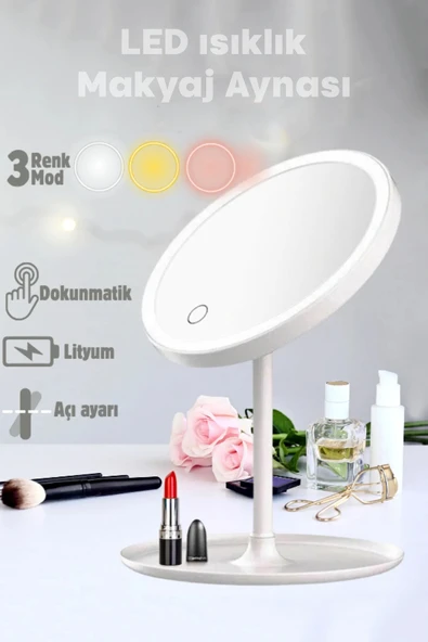 Tilbe Home LED Işıklı Dokunmatik USB Masaüstü Yuvarlak Makyaj Aynası 3 Renkli Işıklı Ayarlanabilir Still Ayna ürün görseli 1