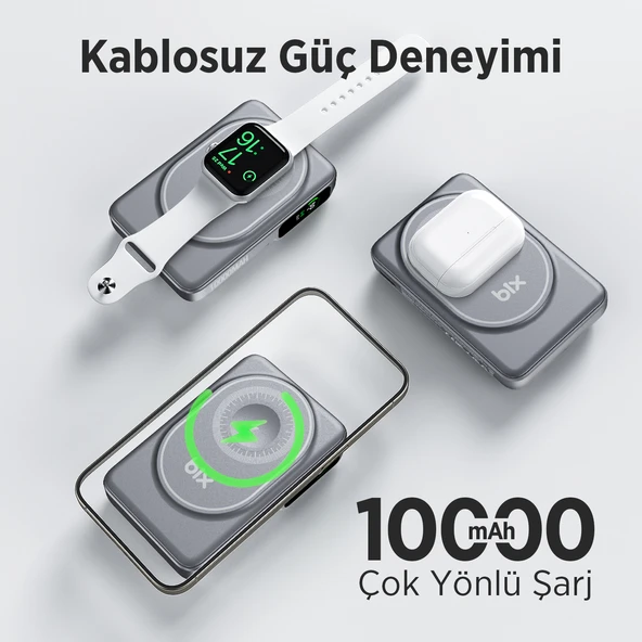 Bix TPB16 10000 mAh Hızlı Şarj MagSafe 6 sı 1 Arada OLED Ekranlı Kablosuz Powerbank Gri - Resim 3